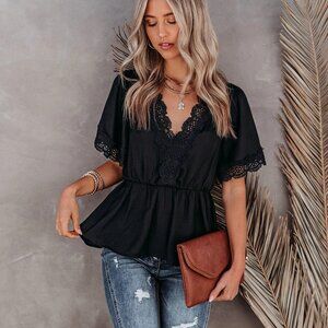 2/$40 Boho Black Lace Blouse Peplum V-Neck Short Sleeve Top Womens Fashion